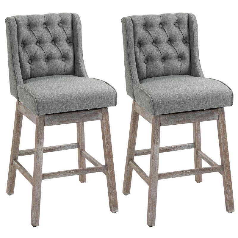 Gray Swivel Bar Stools with Wood Footrests, Set of 2