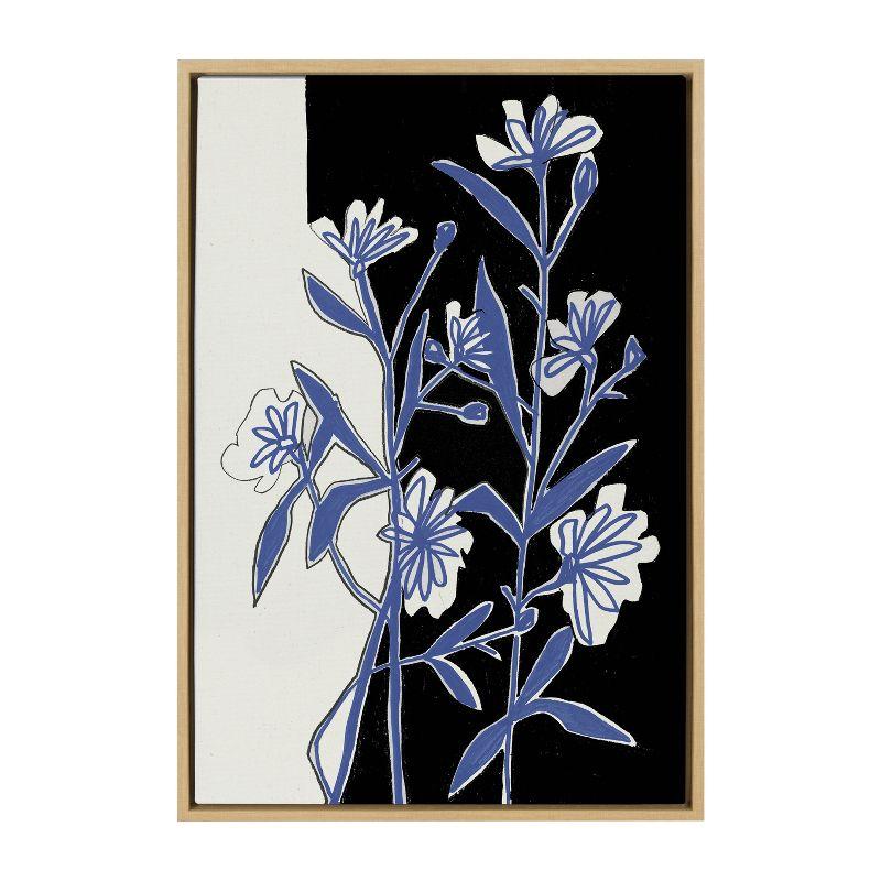 Natural Black and Blue Floral Canvas Print in Wooden Frame, 23x33