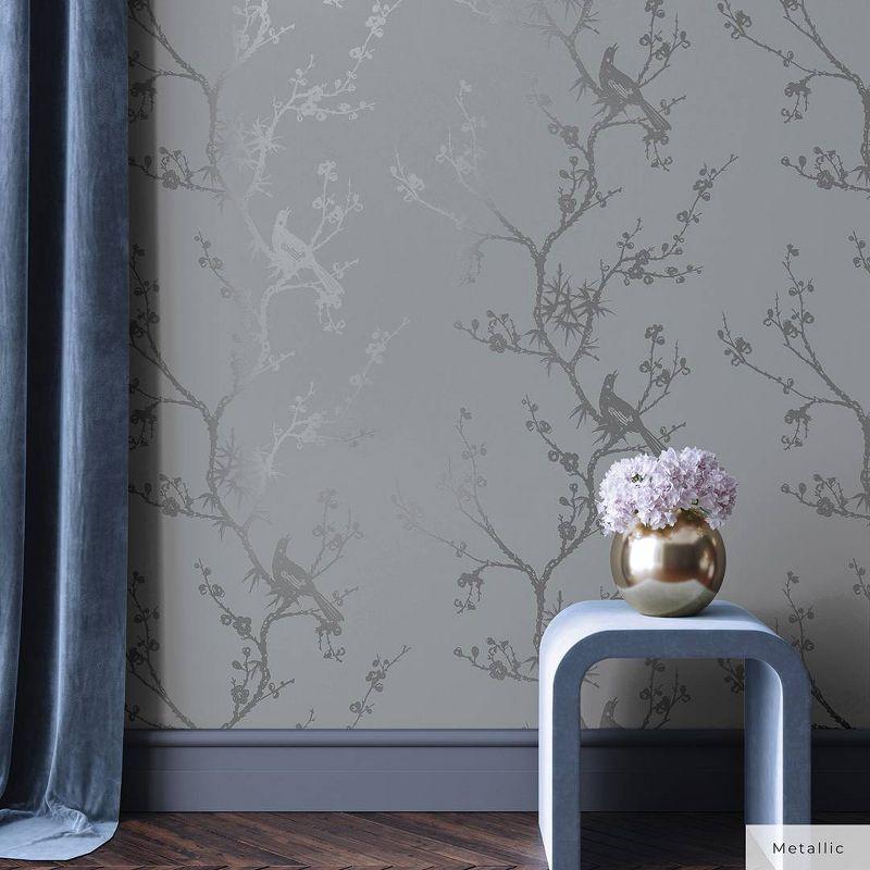 Tempaper & Co.® x Cynthia Rowley Bird Watching Removable Peel and Stick Wallpaper, Dove Gray, 56 sq ft: Vinyl, Self-Adhesive, Botanical
