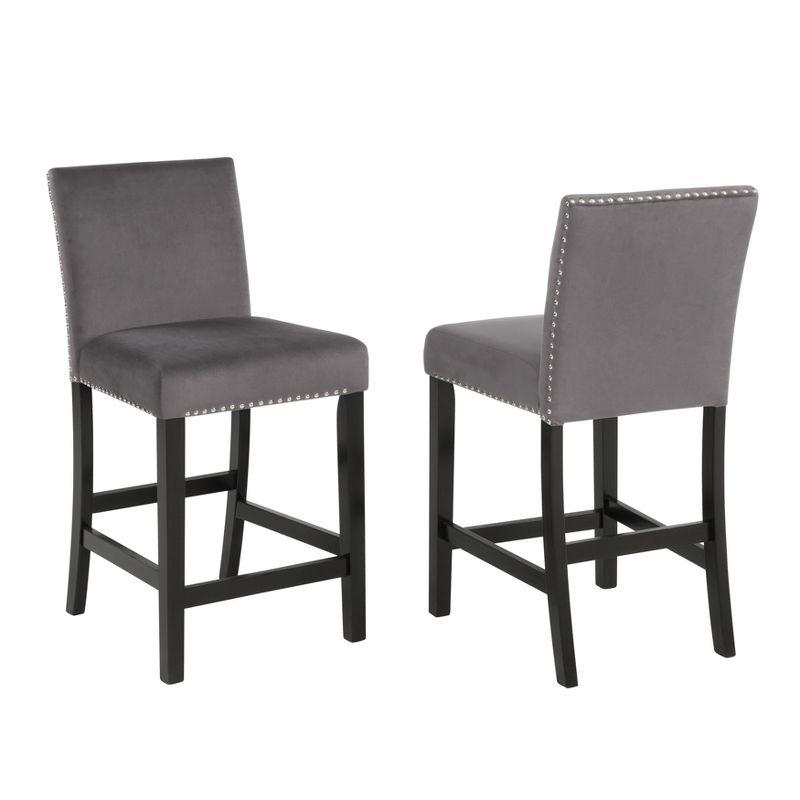Roundhill Furniture Cobre Contemporary Velvet Counter Stool with Nailhead Trim, Gray, Set of 2