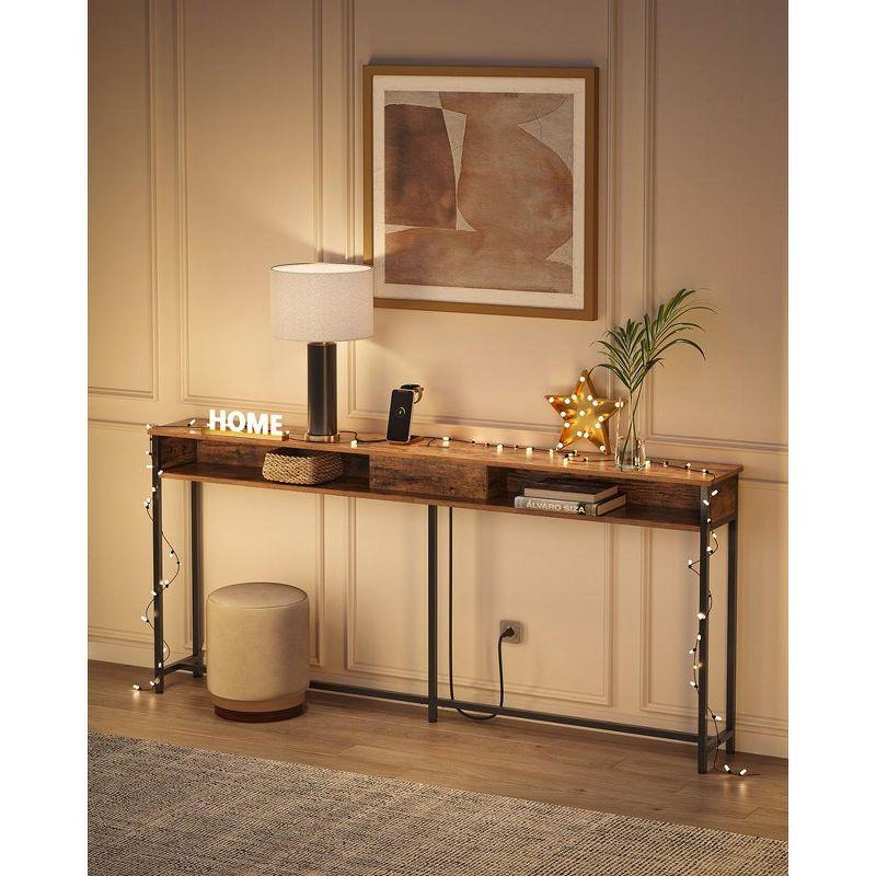 VASAGLE Narrow Console Table 70.9" with 2 Outlet and 2 USB Ports Sofa Table with Charging Station Long Entryway Table Rustic Brown and Black