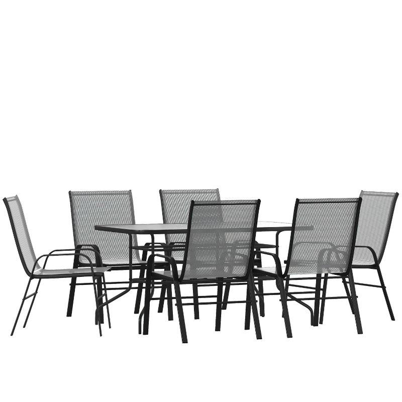 Flash Furniture 7 Piece Outdoor Patio Dining Set - 55" Tempered Glass Patio Table with Umbrella Hole, 6 Gray Flex Comfort Stack Chairs