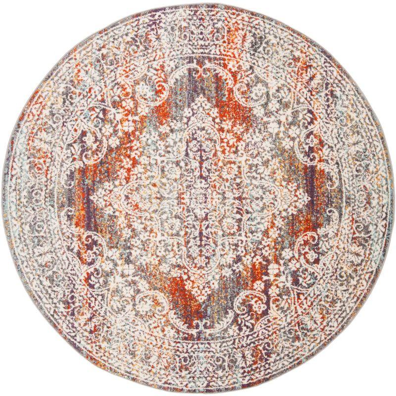 Light Grey and Rust Round Synthetic Area Rug