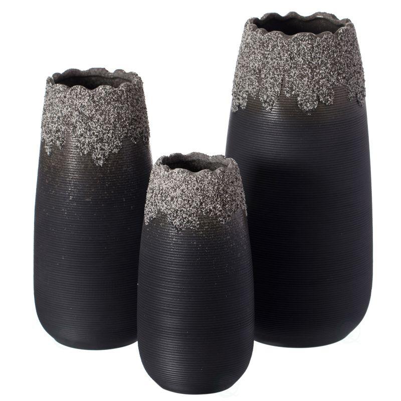 Set of 3 Black Ceramic Vases with Dripping Crystal Design