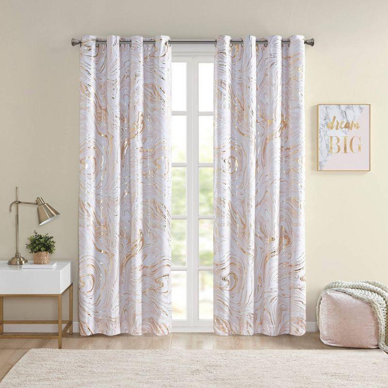 Blush and Gold Marble Print Blackout Grommet Curtains