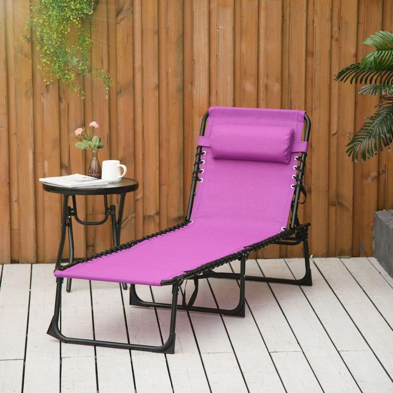 Folding Chaise Lounge Pool Chair with 4-Position Reclining Back, Pillow, Breathable Mesh & Bungee Seat, Purple