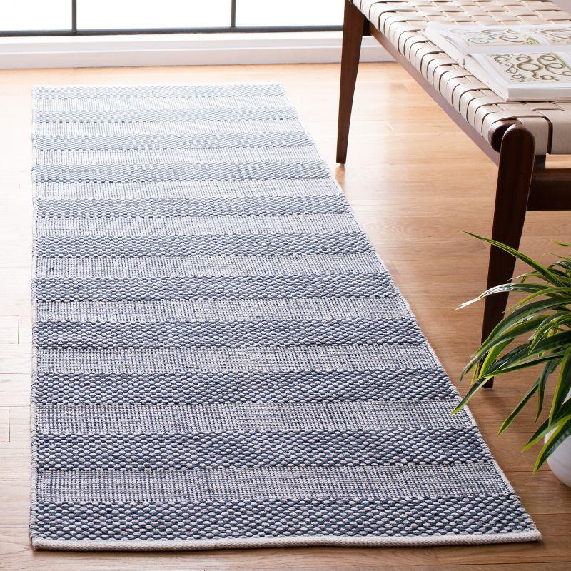 Ivory and Blue Striped Wool Flat Weave Runner Rug