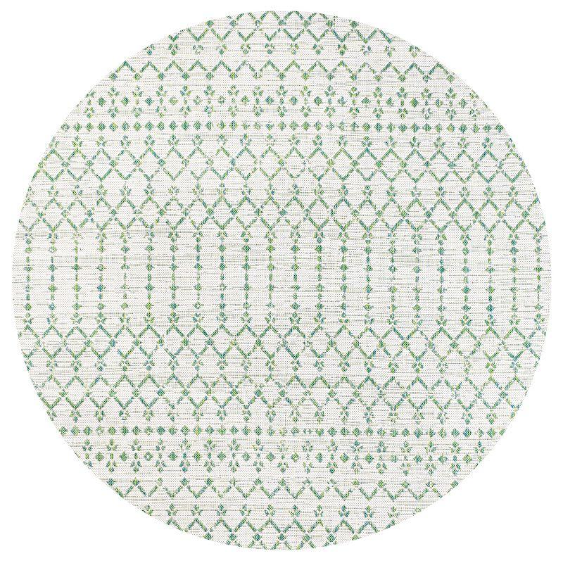 5' Round Ourika Moroccan Geometric Textured Weave Indoor/Outdoor Area Rug, Green/Ivory - JONATHAN Y