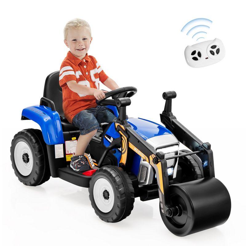 Costway Kids Ride On Roller 12V Electric Tractor Remote w/ Music & LED Light Blue