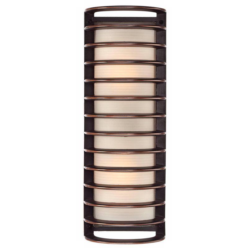 John Timberland Modern Outdoor Wall Light Fixture Rubbed Bronze Grid 16 3/4" Frosted Glass Cylinder for Exterior Porch Patio