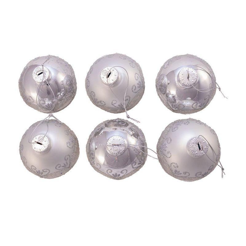 Kurt Adler 80MM Matte and Shiny Silver with Glitter Glass Ball Ornaments, 6 Piece Box