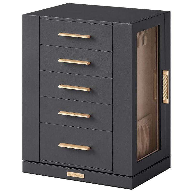 Jewelry Box 360¡ã Rotating, Jewelry Storage Case with 5 Drawers, Jewelry Organizer, Glass Window, Spacious Slate Gray