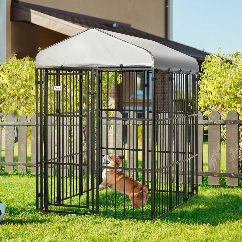 PawHut Covered Dog Playpen for Large & Medium Size Breeds, Outdoor Enclosure, Locking Exercise Kennel with Heavy-Duty Metal Frame, Black