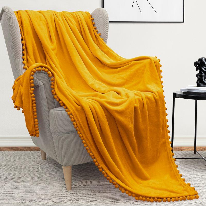 Cozy Mustard Yellow Twin Fleece Throw with Pom Pom Fringe