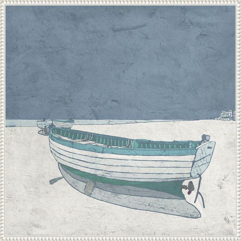 Serene Coastal Rowboat Framed Canvas Wall Art 22 x 22