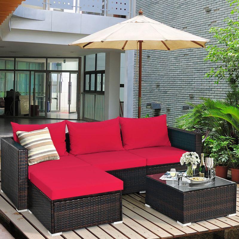 5-Piece Red Cushioned Rattan Patio Furniture Set with Ottoman