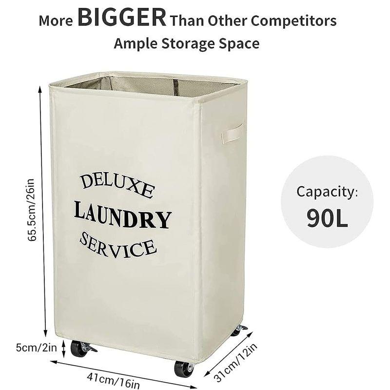 WOWLIVE 90L Foldable Rectangular Deluxe Laundry Service Rolling Clothing Hamper Basket with Lockable Wheels for Laundry or Storage, Beige