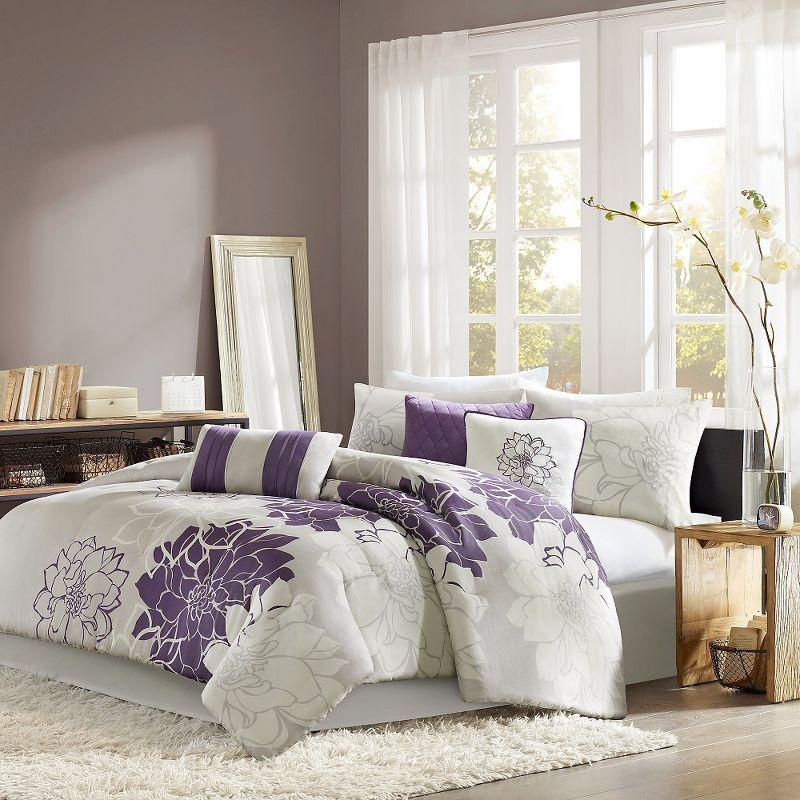 Twin Gray and Purple Floral Cotton Comforter Set