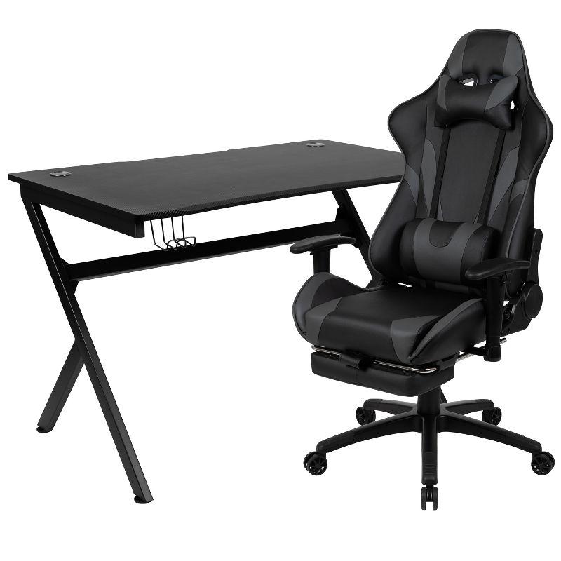 Flash Furniture Black Gaming Desk and Gray Footrest Reclining Gaming Chair Set with Cup Holder, Headphone Hook & 2 Wire Management Holes