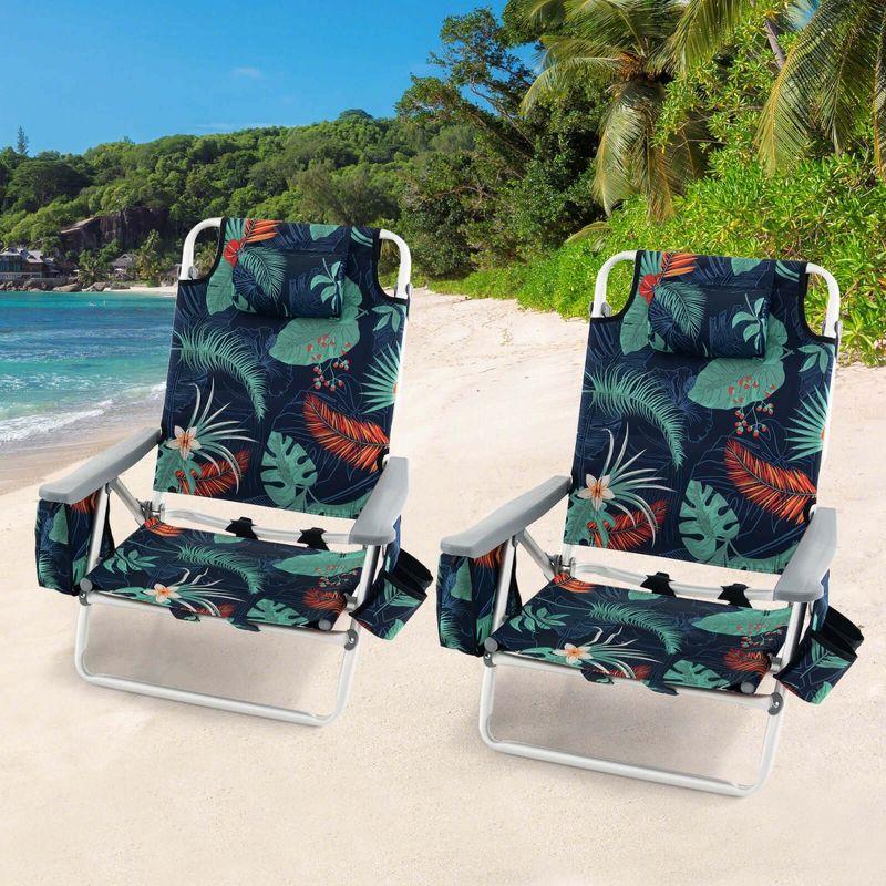 Costway 4-Pack Folding Backpack Beach Chair 5-Position Outdoor Reclining Chairs with Pillow Dark Green
