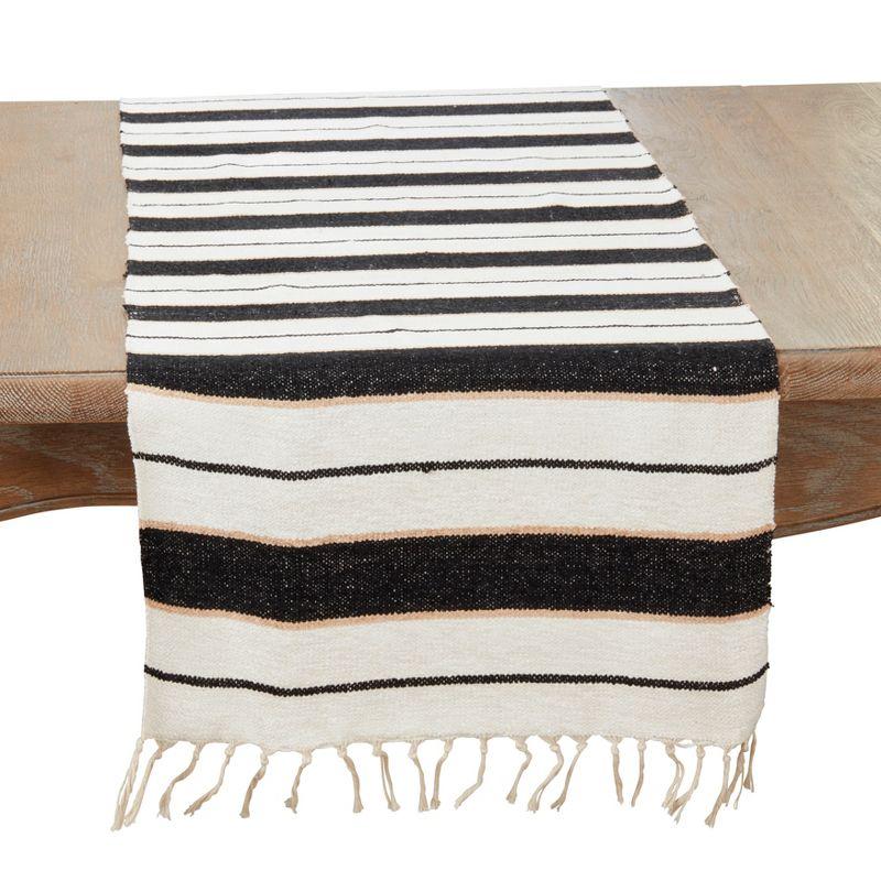 Black and White Cotton Striped Table Runner with Fringe, 16"x72"