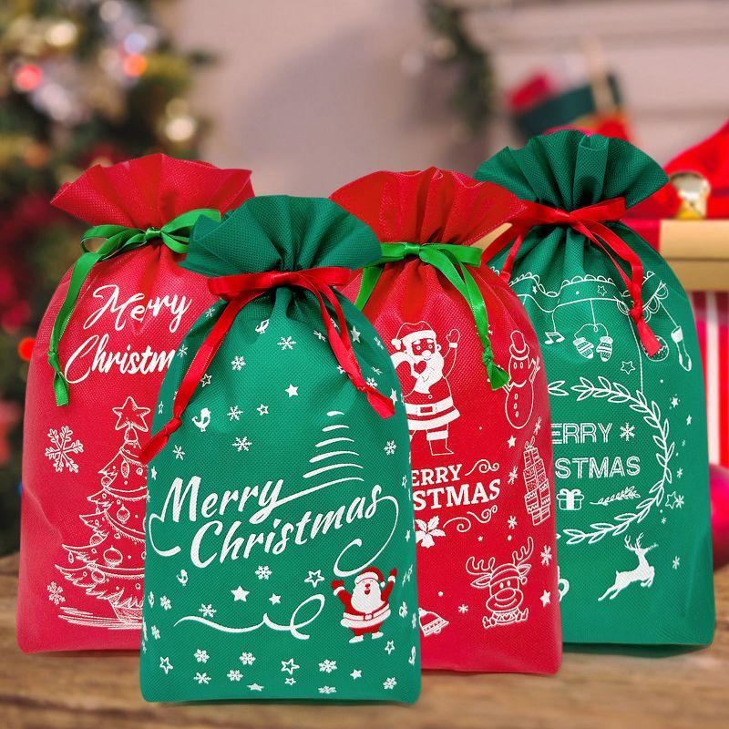 Wrapables Non-Woven Christmas Holiday Drawstring Gift Bags for Party Favors, Goodie Bag, Treats, Gift Wrap, Parties (Set of 8) Red & Green Set of 8