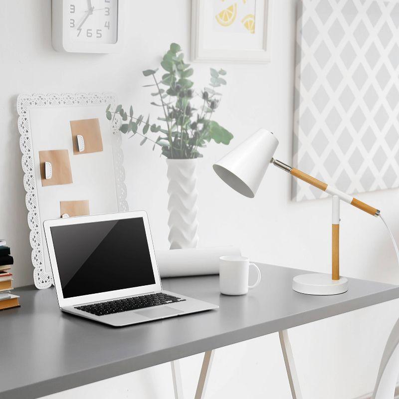 Matte White and Wood Adjustable Pivot Desk Lamp, 16.75" Height