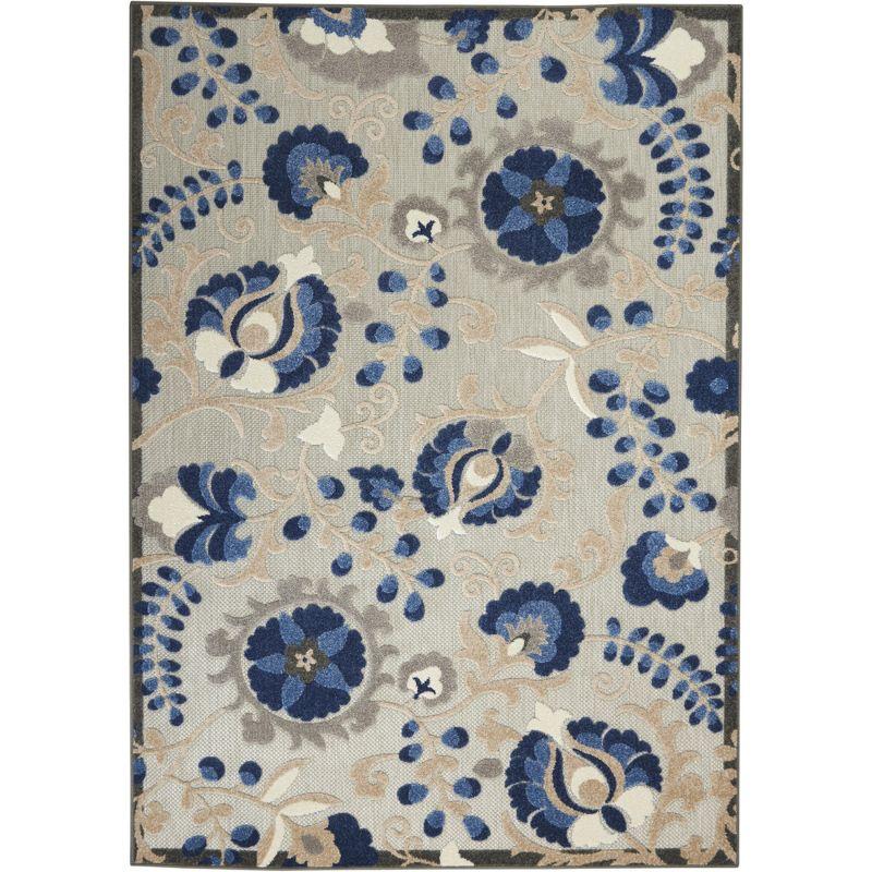 Natural Blue Floral Synthetic Medium Rectangular Rug