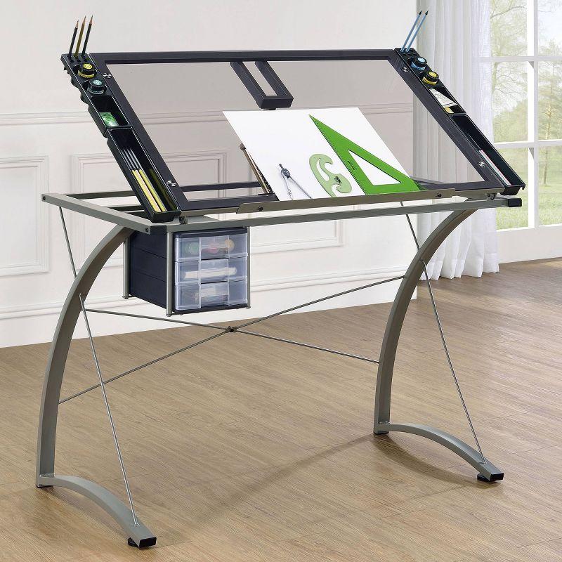 Melo 3 Drawer Glass Top Drafting Desk with Supply Storage Silver - Coaster