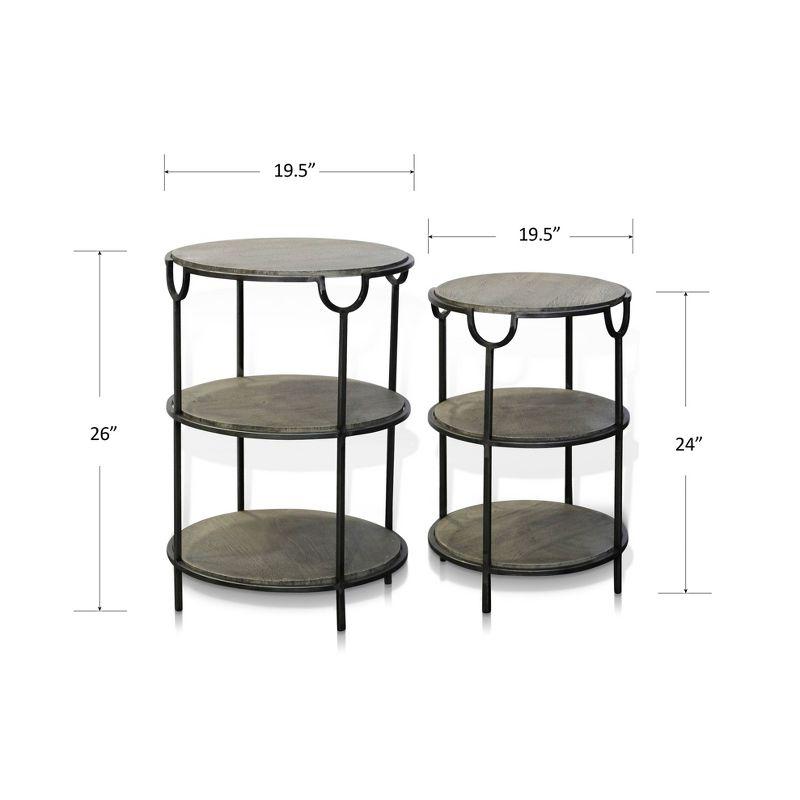 StyleCraft Set of 2 Three Tier Nested with Shelves Accent Tables Black/Gray: Industrial Style, Mango Wood & Metal Frame