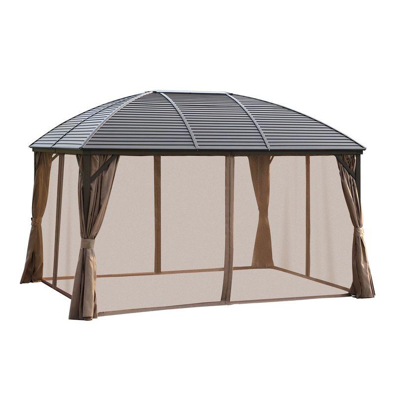 Outsunny Hardtop Gazebo  Pavilion with Curtains, Netting, Steel Roof, Aluminum Frame, and Ceiling Hook for Garden, Patio