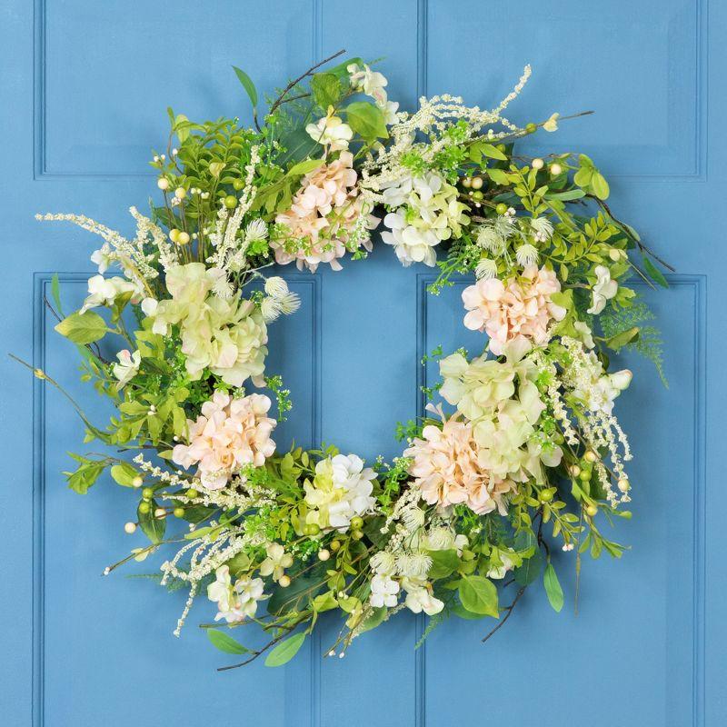 Northlight Seasonal Hydrangea and Fern Spring Floral Berry Wreath Green and Pink 28"
