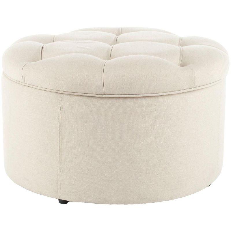 Luxurious Tufted Linen Round Storage Ottoman in Off-White