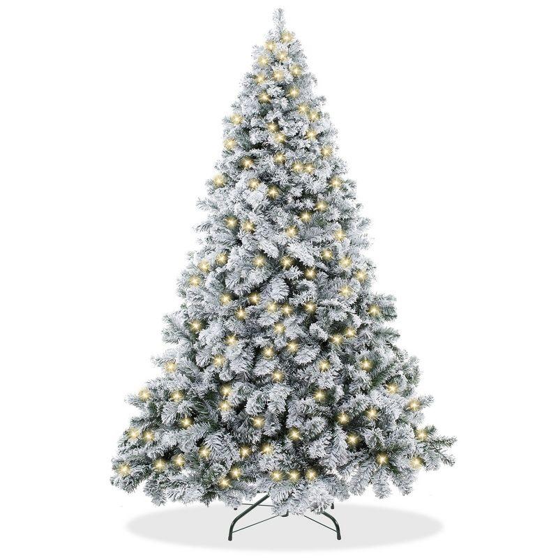 7.5ft Pre-Lit Snow-Flocked White Pine Christmas Tree with Metal Stand