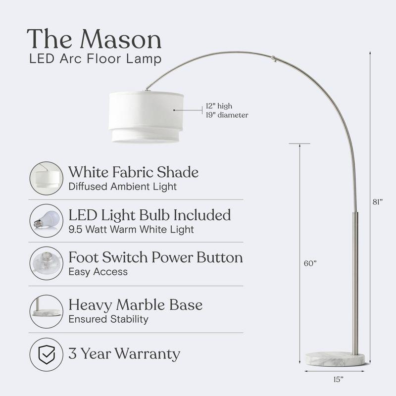 Mason 81 in. Modern Adjustable LED Arched Standing Floor Lamp with Fabric Drum Shade and Weighted Marble Base