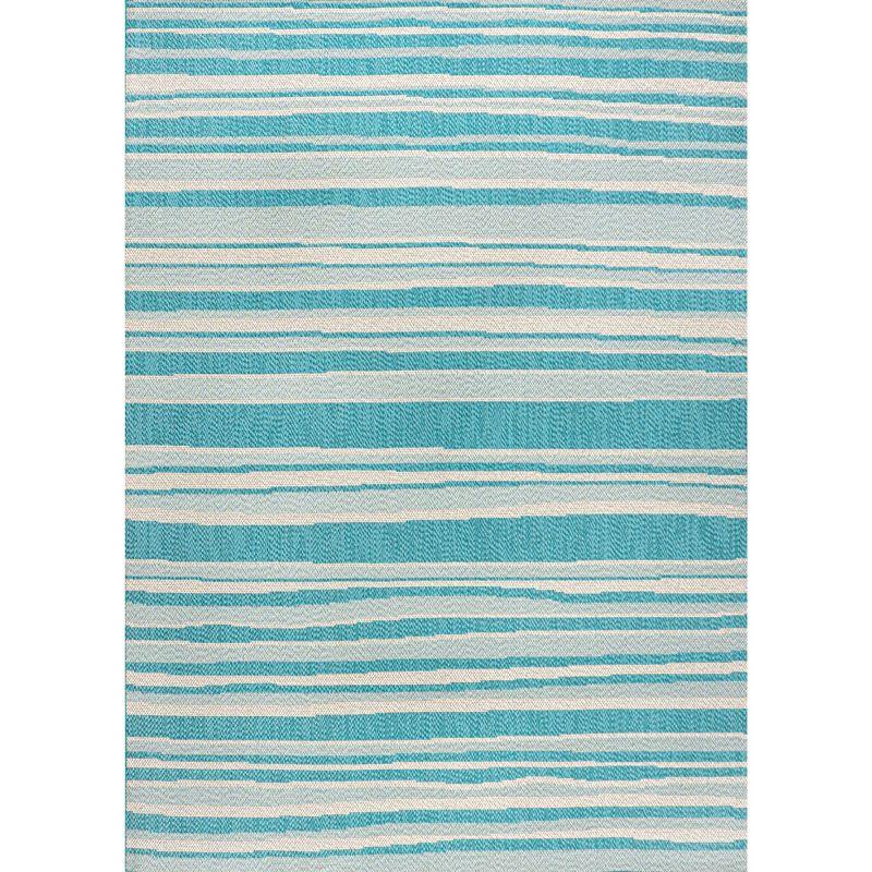 Aqua and Cream Stripe Synthetic 4' x 6' Indoor/Outdoor Rug