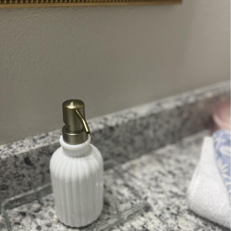 Fluted Milk Glass Soap Pump Brass Finish - Hearth & Hand™ with Magnolia: Elegant Bathroom Accessory, 10oz Capacity
