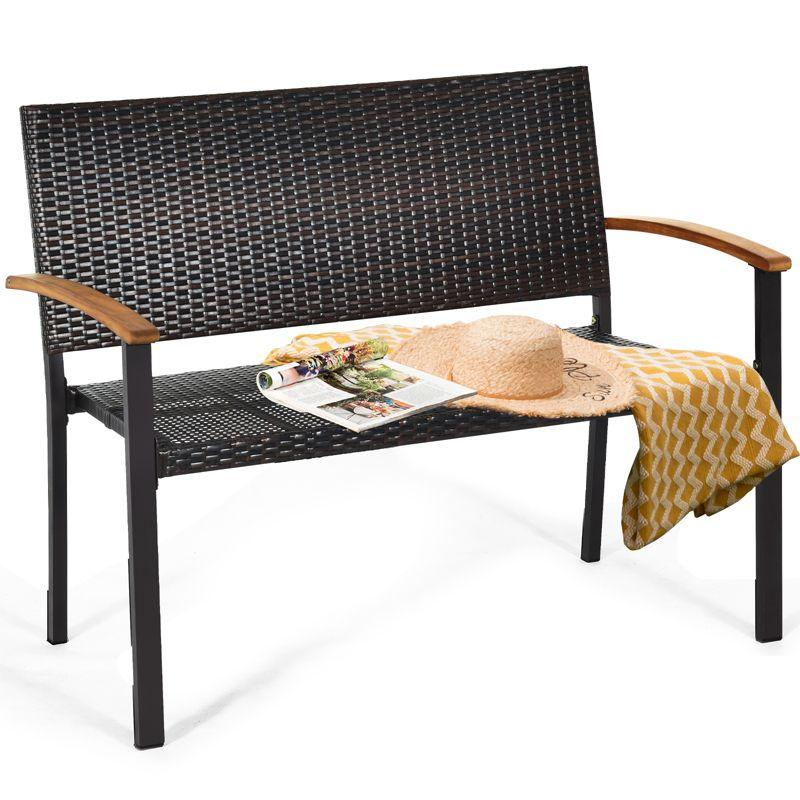 Weather-Resistant Black Wicker Loveseat with Acacia Wood Armrests