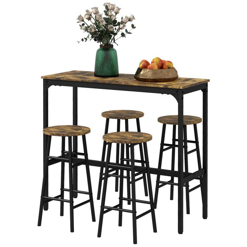 HOMCOM 5-Piece Bar Height Bar Table and Chairs Set, Rustic Pub Table with Stools, Kitchen Table and 4 Chairs with Wooden Top, Rustic Brown