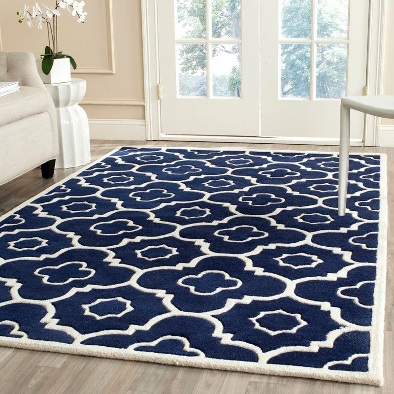 Dark Blue and Ivory Hand-Tufted Wool Square Rug