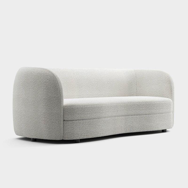 85" Off-White Boucle Fabric Curved Sofa with Wooden Legs