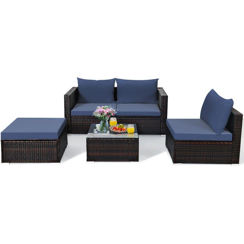 5PCS Patio Rattan Furniture Set Sectional Conversation Sofa w/ Coffee Table Red\ Navy