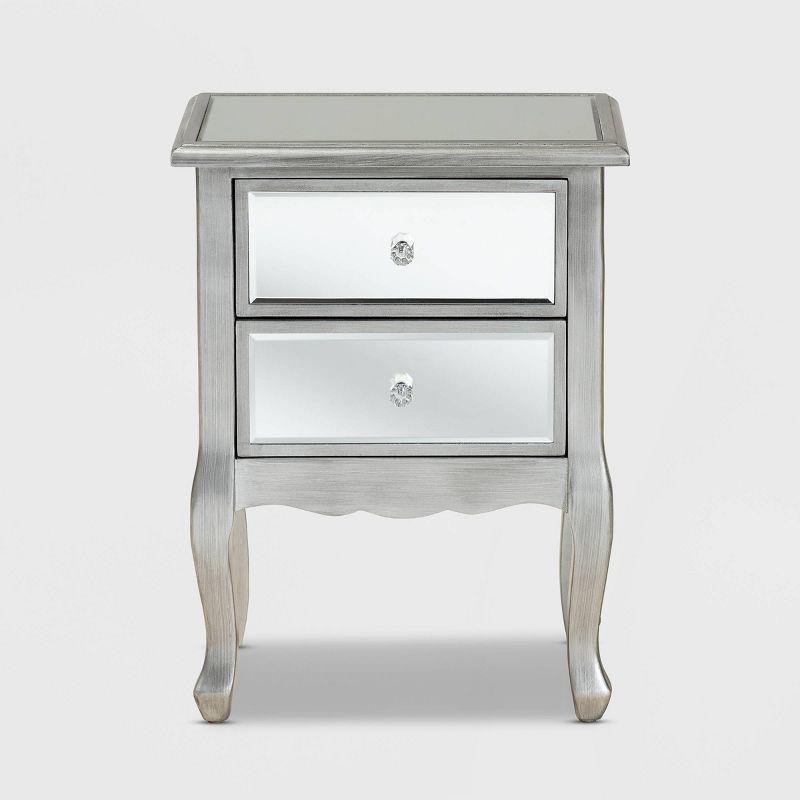 Baxton Studio Leonie Wood and Mirrored Glass 2 Drawer Nightstand Silver: Mid-Century Modern, Fir Wood Frame, No Assembly Required