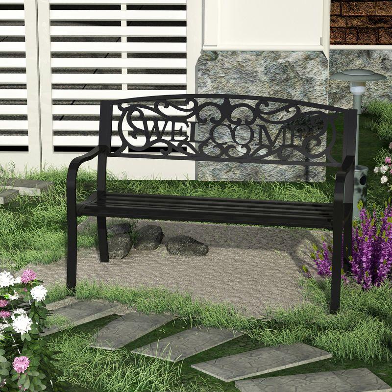 Black 50" Outdoor Metal Welcome Bench with Vine Motifs