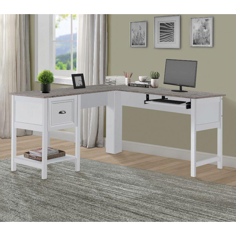 Transitional White Wood Corner Writing Desk with Drawer and Keyboard Tray