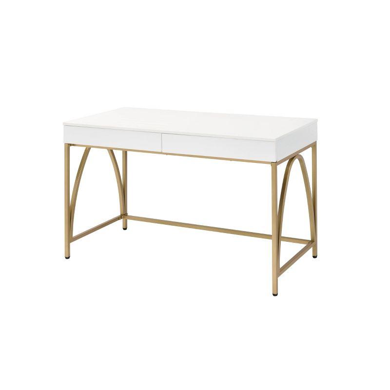 Executive White Gloss & Gold Wood Desk with Drawers & Keyboard Tray