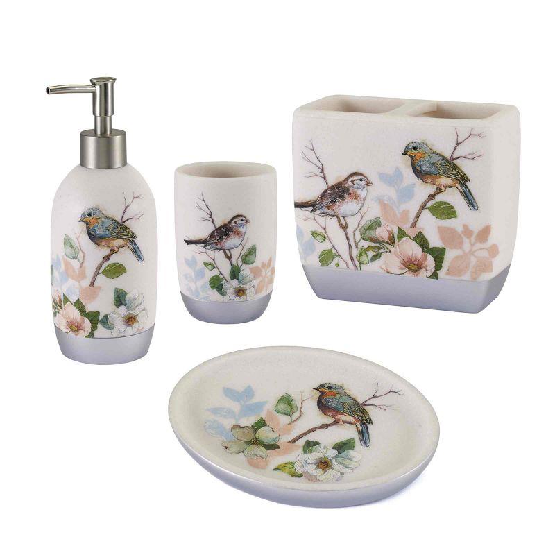 Ivory and Blue Resin Bird Decorated 4-Piece Bath Accessory Set