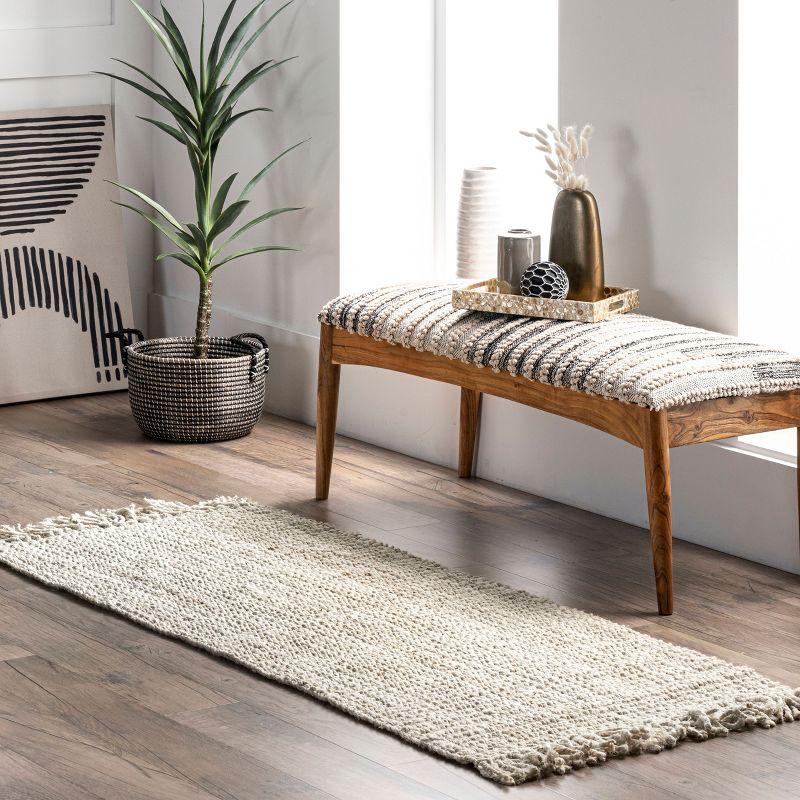 Nuloom 2x6 Daniela Jute Tassel Hand Woven Indoor Area Rug, Off White, Solid Chunky Farmhouse Design, Natural Fiber BedroomLiving Room