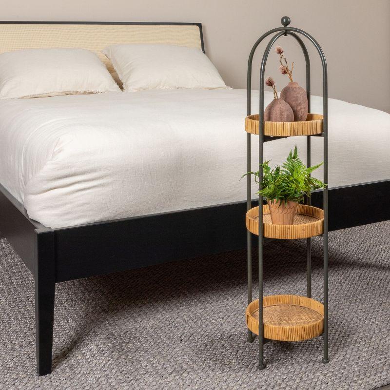Storied Home Boho Arched Metal Plant Stand or Shelf with 3 Round Removable Rattan Trays, Natural and Black
