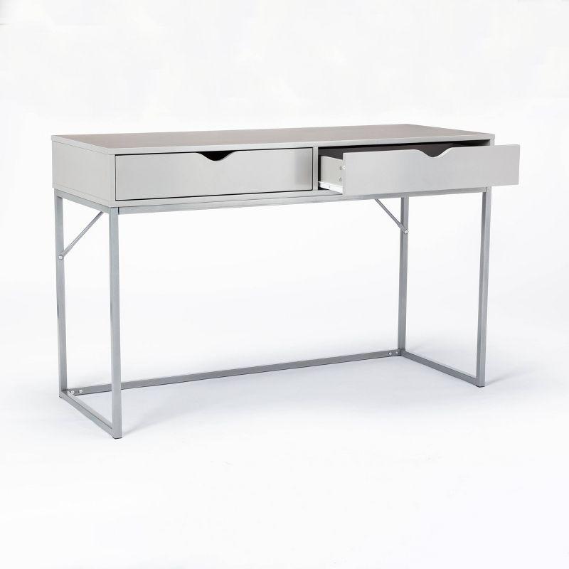 Contemporary Gray Wood Writing Desk with Drawer and Metal Base